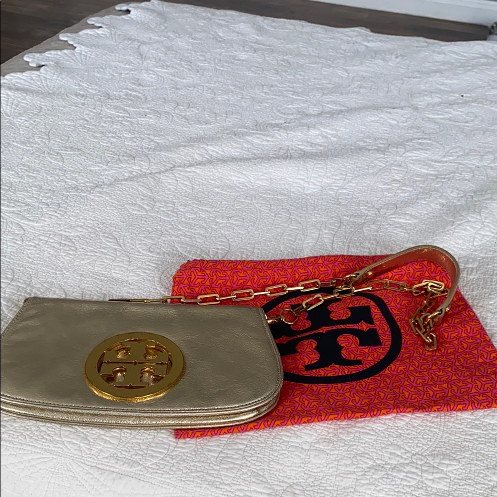 Tory Burch Metallic Gold Wristlet with Chain